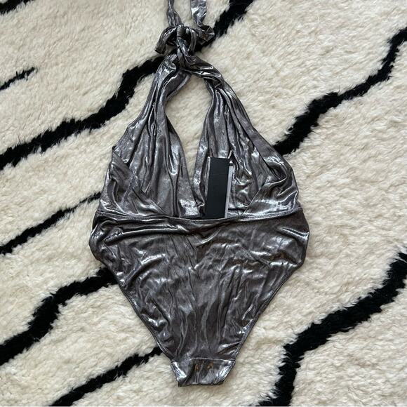 Halston Heritage Halter Neck Deep V Bodysuit in Gunmetal - Picture 6 of 9